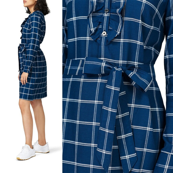 Draper James Navy Bell Sleeve Plaid Shirt Dress Women's $135 - Size 10 | M - Picture 4 of 14